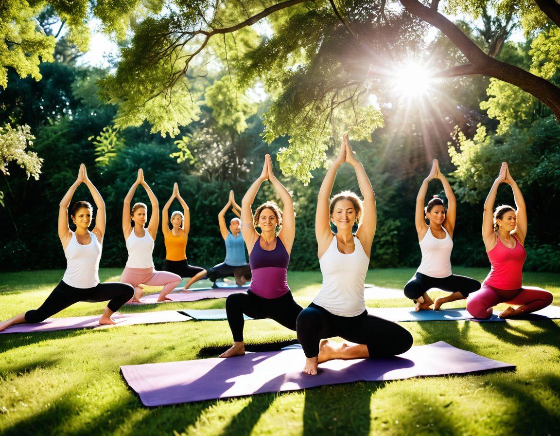 A diverse group of individuals practicing yoga in a serene outdoor setting, surrounded by lush greenery and soft sunlight filtering through the trees. Each person is in a different yoga pose, showcasing various body types and expressing joy and confidence. Include symbols of positivity like flowers and hearts in the background to enhance the theme of body positivity and wellness. soft focus. vibrant colors. 3D.